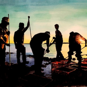 May include: Watercolour painting showing silhouetted figures working near the water at sunset. The figures are engaged in various tasks, with tools and crates visible. The sky transitions from blue to yellow.