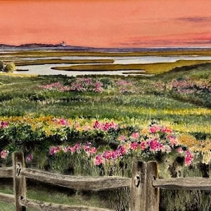 Fort Hill vid soluppgången, målning av Fort Hills kustområde i Eastham, Cape Cod, Massachusetts (giclée-reproduktion, anteckningskort finns)
