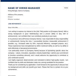 May include: A formal CV template with a dark blue header. The document includes sections for contact details, a job reference, and a cover letter. The cover letter includes space for a signature and the applicant's name.