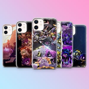 May include: A collection of five clear smartphone cases featuring various graphic illustrations of animated characters with glowing eyes, dark colour palettes, and stylised scenes including purple, orange, and black tones, arranged in a row.