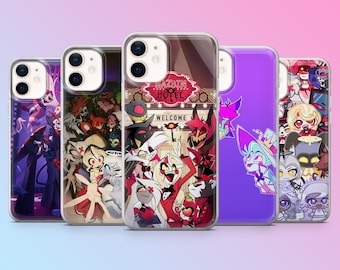May include: Five clear smartphone cases featuring various colorful character illustrations from the animated series Hazbin Hotel. The central case displays the Hazbin Hotel sign with the text Welcome, surrounded by multiple characters in red and black.