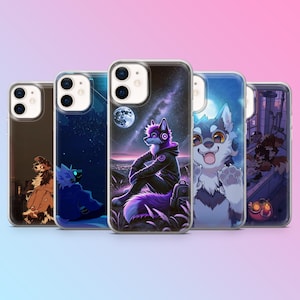 Pode incluir: Uma coleção de cinco capas de telefone com designs únicos. As capas apresentam ilustrações de lobos antropomórficos em vários ambientes, incluindo uma noite estrelada e uma paisagem urbana. Cada capa tem um pára-choques protetor transparente.
