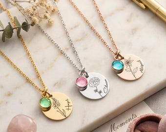 Birth Flower Necklace Birthstone Necklace, Personalised Name Pendant Gift for her