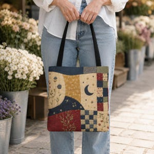 Puede incluir: Un bolso tote acolchado con un diseño de patchwork que incluye varios patrones, como una luna creciente azul oscuro, estrellas, motivos florales y cuadrados a cuadros en tonos azul marino, amarillo mostaza, crema y rojo oscuro con asas negras.