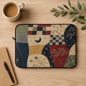 Könnte beinhalten: Eine rechteckige Laptoptasche mit einem gesteppten Patchwork-Design, das verschiedene Muster wie einen Halbmond, Sterne, florale Motive und karierte Quadrate in Marineblau, Senfgelb, Dunkelrot und gedämpftem Grün aufweist.