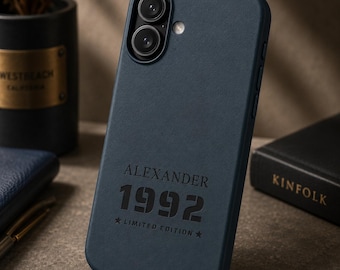 Personalized Phone Case, Custom Name Initials Year Case, Family Edition Gift, Leather Look Case for iPhone, Birthday Anniversary Gift