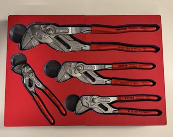 May include: A set of Knipex pliers in a red box. The pliers have silver jaws and red handles. The box is red and contains five pliers. The pliers are arranged in a neat, organized manner, suggesting a tool kit or set.