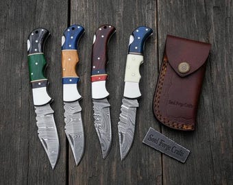 Handmade Damascus Folding Knife, Pakka Wood Pocket Knife, Back Lock EDC with Leather Sheath, Camping Gift for Him