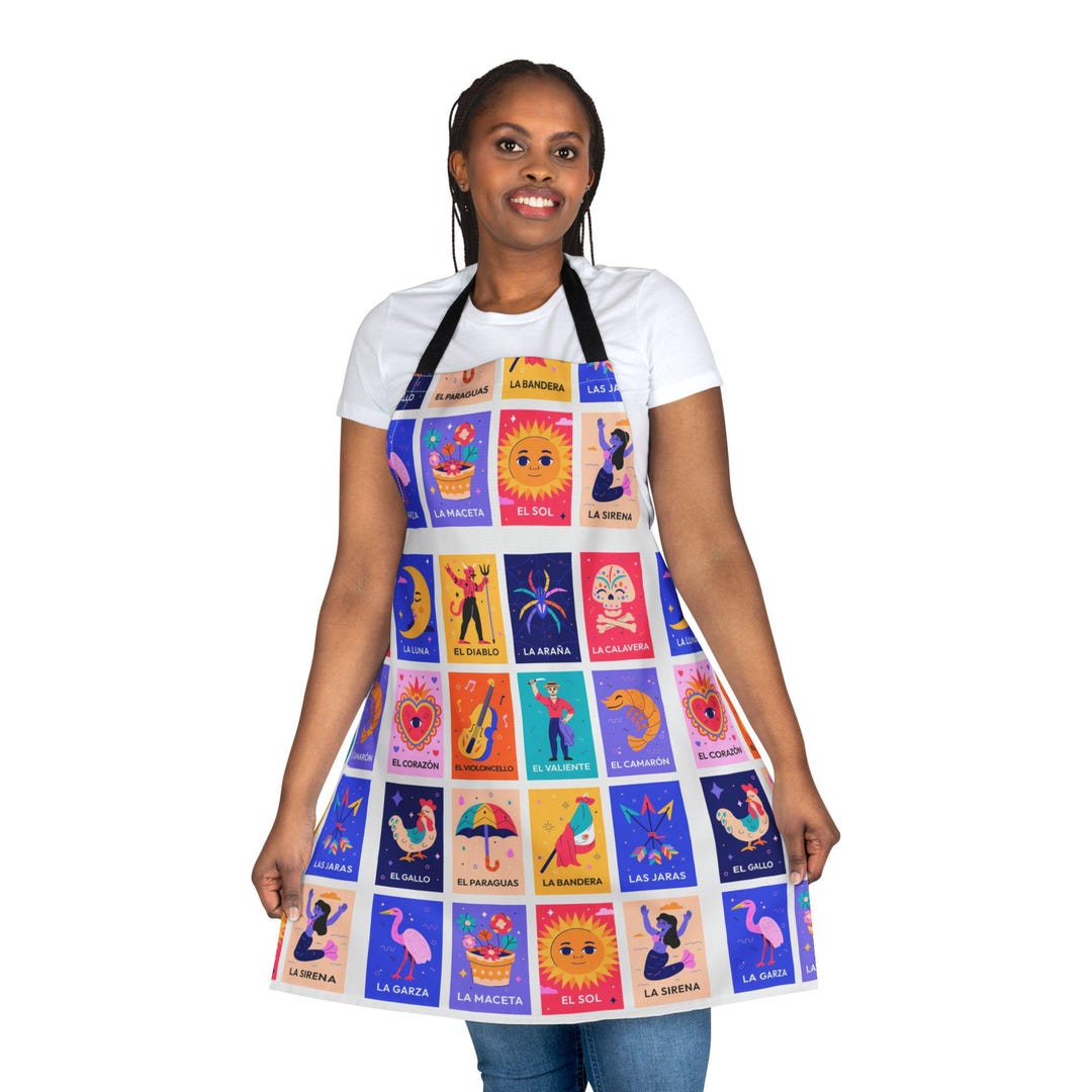 Leteria Pattern Lotería Bingo Card Pattern Apron | Mexican Folk Art Kitchen Apron - Etsy