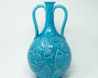 1980s Azur Blue Italy Round Fish Ceramiche Tadinate Handmade Pottery Vase