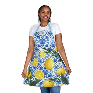 Lemon Tile Pattern Apron | Citrus Kitchen Apron, Blue Mediterranean Tiles