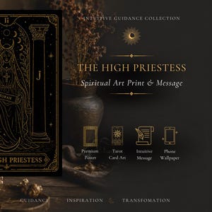 May include: A black and gold tarot card print featuring "The High Priestess." The image shows a robed figure holding a scroll labeled "Torah" between two pillars. The text "Intuitive Guidance Collection" and "Spiritual Art Print & Message" are also visible.