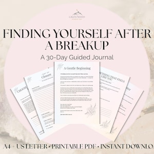 Könnte beinhalten: Ein 30-Tage-Journal mit dem Titel Finding Yourself After a Breakup, bestehend aus mehreren weißen Seiten mit schwarzem Text, floralen Strichzeichnungen und Überschriften wie A Gentle Beginning, Closure und Choose, erhältlich in A4 und US Letter.
