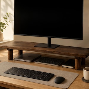 May include: A dark brown wooden monitor stand with four cylindrical legs supporting a flat rectangular surface. The stand holds a black computer monitor, while a laptop, a keyboard, a mouse, a notebook, and a ceramic mug are arranged on the desk.