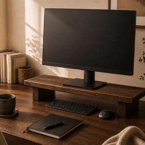 Peut inclure: Un bureau à domicile moderne avec un écran d'ordinateur noir sur un support en bois. Un clavier, une souris et un carnet avec un stylo sont sur le bureau. Une tasse de café et un porte-stylo sont également visibles.