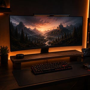 May include: A modern computer setup featuring a large monitor displaying a landscape scene. A wooden monitor stand holds a smart speaker. A black keyboard and mouse sit on a desk, with a headset and small plant nearby. The room is lit with warm orange lighting.