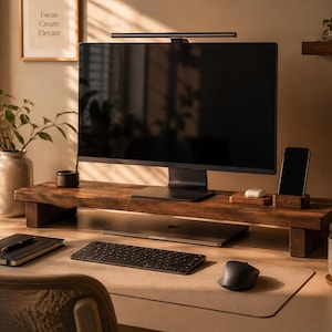 Peut inclure: Un bureau à domicile moderne avec un grand écran d'ordinateur noir sur un support en bois. Un clavier, une souris et un bloc-notes sans fil sont sur le bureau. Un téléphone, des écouteurs sans fil et une tasse sont également présents. Le texte encadré dit "Focus Create Elevate."