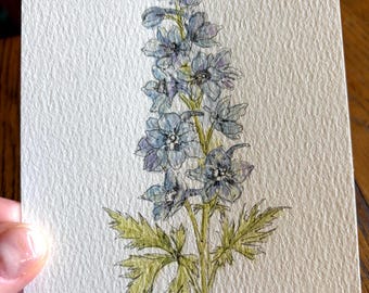 Acquerello di delphinium, dipinto originale – Arte botanica floreale, 4x6 cm, decorazione in stile cottagecore/farmhouse