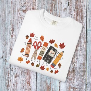 Autumn School Supplies T-shirt | Cute Pencil Scissors Eraser Fall Leaves