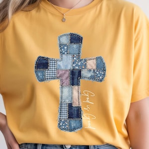 Patchwork Denim Cross Christian T-Shirt, God Is Good Southern Faith Tee