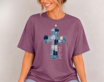 Faux Patchwork Denim Cross Christian Shirt, God Is Good Shirt, Southern Faith Tee, Christian Shirt, Denim Patchwork Tee, Religous Gift Idea