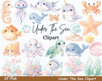 Clipart aquarelle sous-marin | Animaux marins (PNG), illustrations de créatures marines | Téléchargement numérique