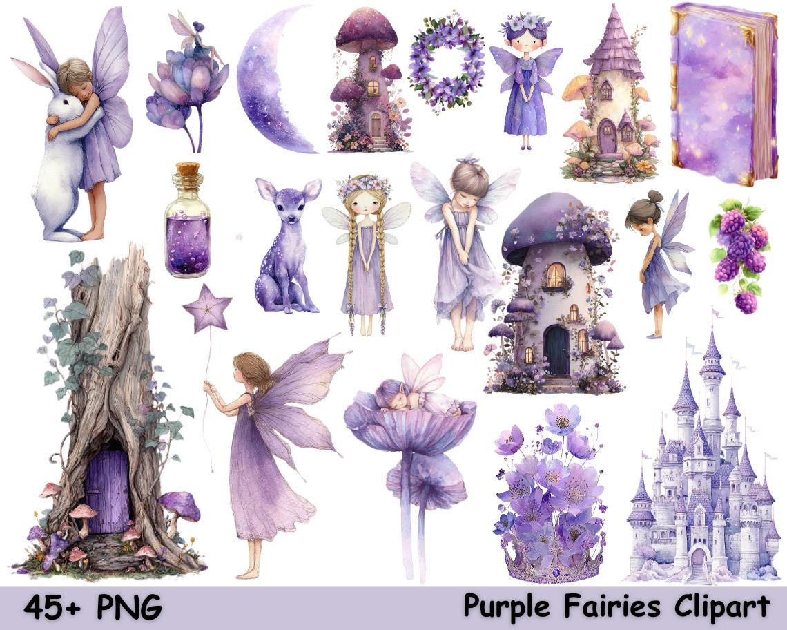 Watercolor Fairy Clipart PNG Bundle | Purple Magical Garden Fairies ...