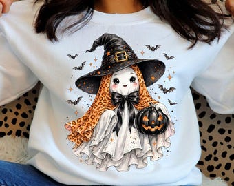 Coquette Leopard Ghost PNG | Motif fantôme d'Halloween par sublimation, T-shirt preppy pour la saison des frissons, Téléchargement numérique
