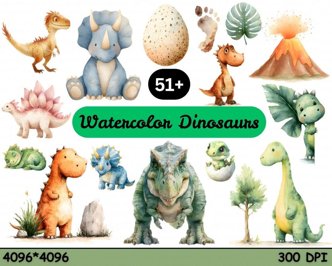 Watercolor Dinosaurs Clipart PNG Bundle | Baby Dino Nursery Decor ...