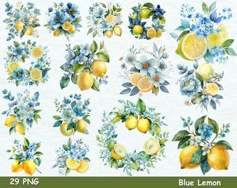 Imágenes prediseñadas de limones azules en acuarela / Corona floral de cítricos PNG, imágenes prediseñadas para bodas de verano mediterráneas / Descarga digital