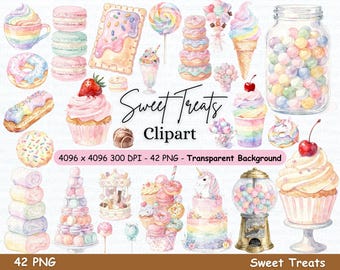Lot de cliparts bonbons pastel | Cupcake, Glace, Barbe à papa PNG | Téléchargement numérique de friandises sucrées
