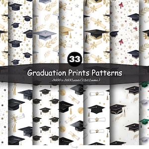 May include: A collection of 33 graduation print patterns. The patterns feature graduation caps, diplomas, stars, and floral elements in gold, black, and white. The text "Graduation Prints Patterns" is displayed on a black banner.