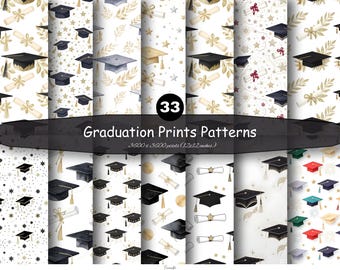 Ensemble de papiers à motifs sans raccord pour remise de diplômes | Pack de papiers numériques, fonds pour album de scrapbooking avec toques et diplômes