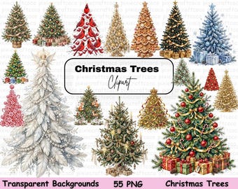 Ensemble d'images clipart d'arbres de Noël | Arbre aquarelle PNG, illustrations de sapins de Noël, clipart d'hiver et de Noël