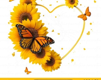 Cadre cœur papillon tournesol PNG | Motif rustique tournesol jaune | Sublimation florale | Illustration à imprimer