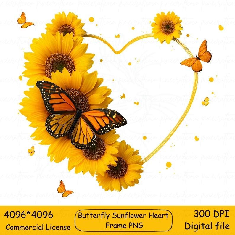 Butterfly Sunflower Heart Frame PNG | Rustic Western Yellow Sunflower ...