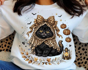 Black Cat Ghost Halloween PNG, Spooky Kitty Leopard Coquette Bow, Sublimation Design, Instant Download