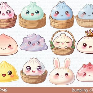 May include: A collection of twelve digital illustrations featuring various kawaii-style dumplings with expressive faces. Some dumplings are placed in woven bamboo baskets, while others feature unique details like a gold crown or strawberry toppings.