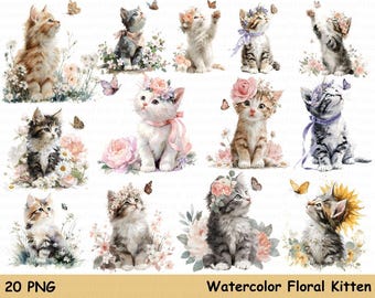 Floral chaton PNG Clipart | Illustration aquarelle de chaton | Art mural pour chambre d'enfant | Téléchargement numérique instantané