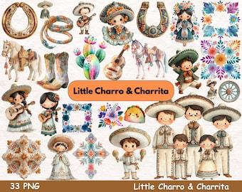 Clipart Petit Charro et Charrita | Folklore mexicain aquarelle PNG, bébé garçon fille Fiesta Illustration