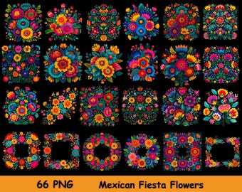Clipart aquarelle de fleurs de fête mexicaines | Art populaire Otomi vibrant PNG (Téléchargement numérique)