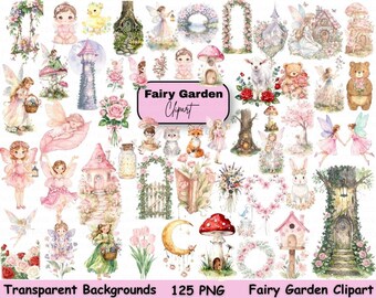 Ensemble d'images clipart aquarelle pour jardin féerique | Fées de la forêt magique (PNG), champignon enchanté, maison de fée