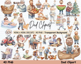 Pack d'images clipart pour papa | Illustration aquarelle PNG pour la fête des pères, idéale pour cartes, t-shirts et cadeaux | Télécharger