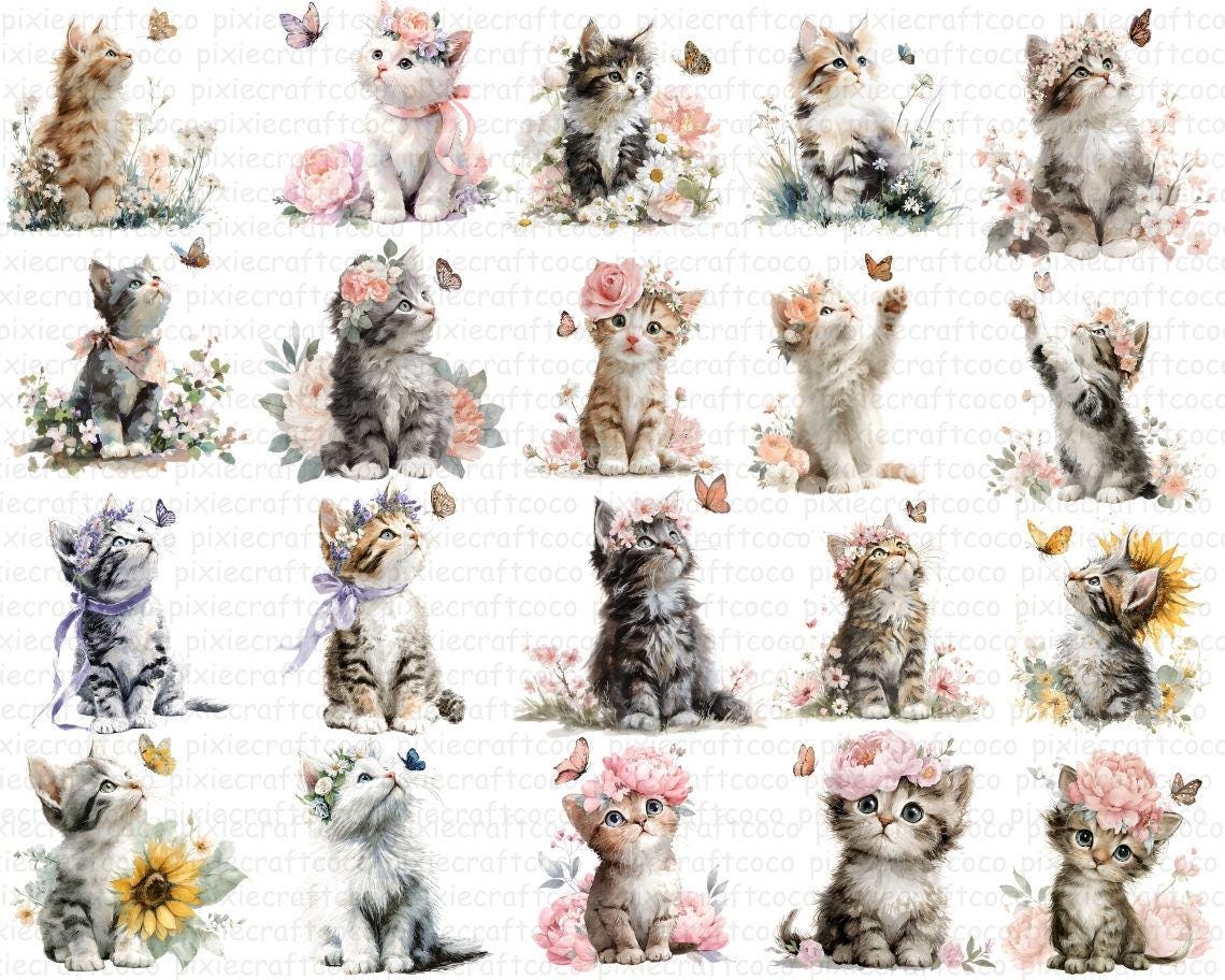 Floral Kitten PNG Clipart | Watercolor Kitten Illustration | Nursery ...