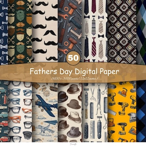 May include: A collection of 50 digital paper patterns featuring various masculine-themed motifs including bow ties, mustaches, tools, neckties, vintage cars, eyeglasses, airplanes, hats, grooming supplies, power drills, and plaid designs with text.