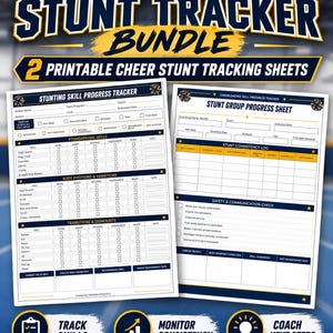 Könnte beinhalten: Ein digitales Stunt-Tracker-Paket mit zwei ausdruckbaren Cheerleading-Stunt-Tracking-Blättern. Die Dokumente enthalten Abschnitte für einen Stunting-Skill-Progress-Tracker und ein Stunt-Group-Progress-Sheet mit Tabellen für Fähigkeiten, Körperpositionen und Sicherheitschecks.