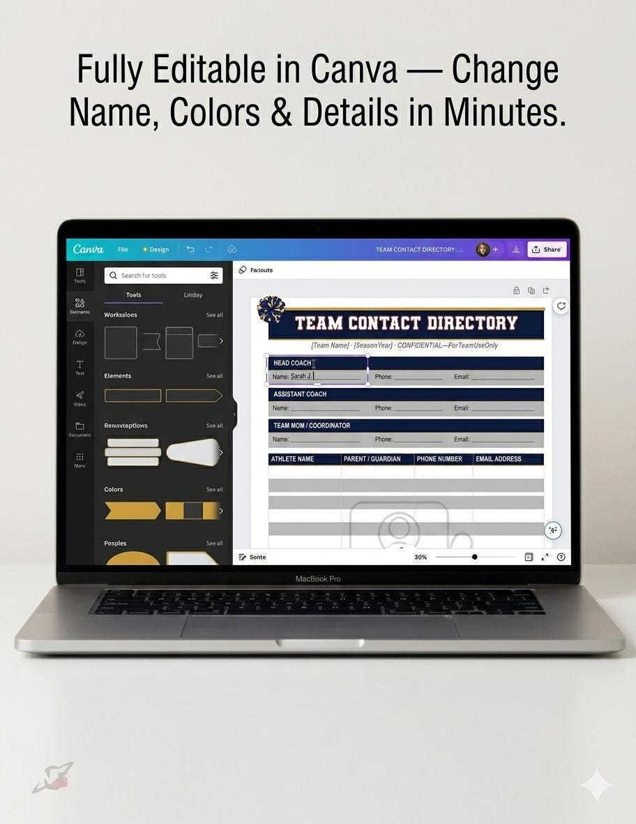 Cheerleading Team Roster Template | Editable Canva Contact Directory ...
