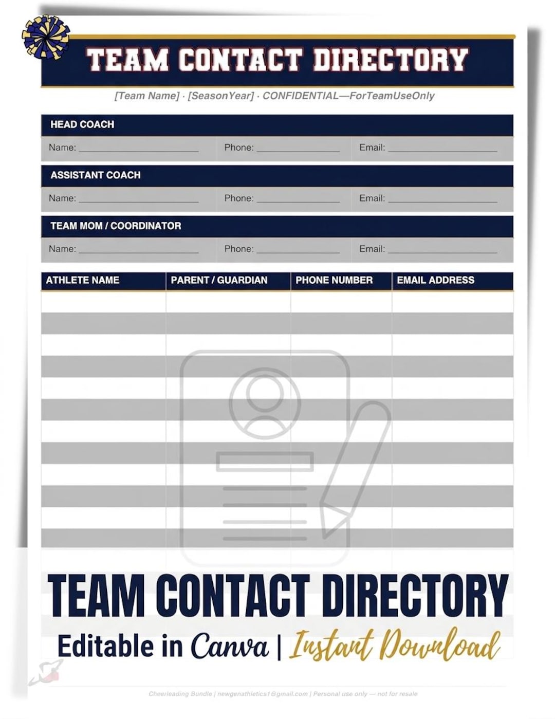 Cheerleading Team Roster Template | Editable Canva Contact Directory ...
