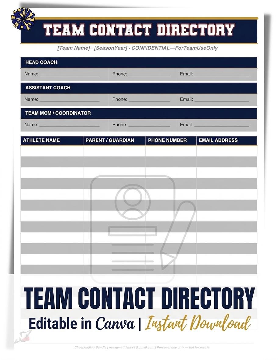 Cheerleading Team Roster Template | Editable Canva Contact Directory ...