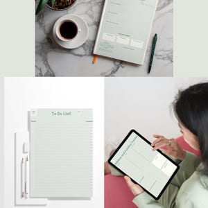 Puede incluir: Una vista cenital muestra una agenda, un bloc de notas y una tableta. La agenda está abierta en una página titulada "GOALS FOR TODAY". El bloc de notas dice "To Do List!". La tableta muestra un rastreador. También se ven una taza de café y un bolígrafo.